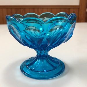 Vintage blue glass pedestal compote dish candy bowl